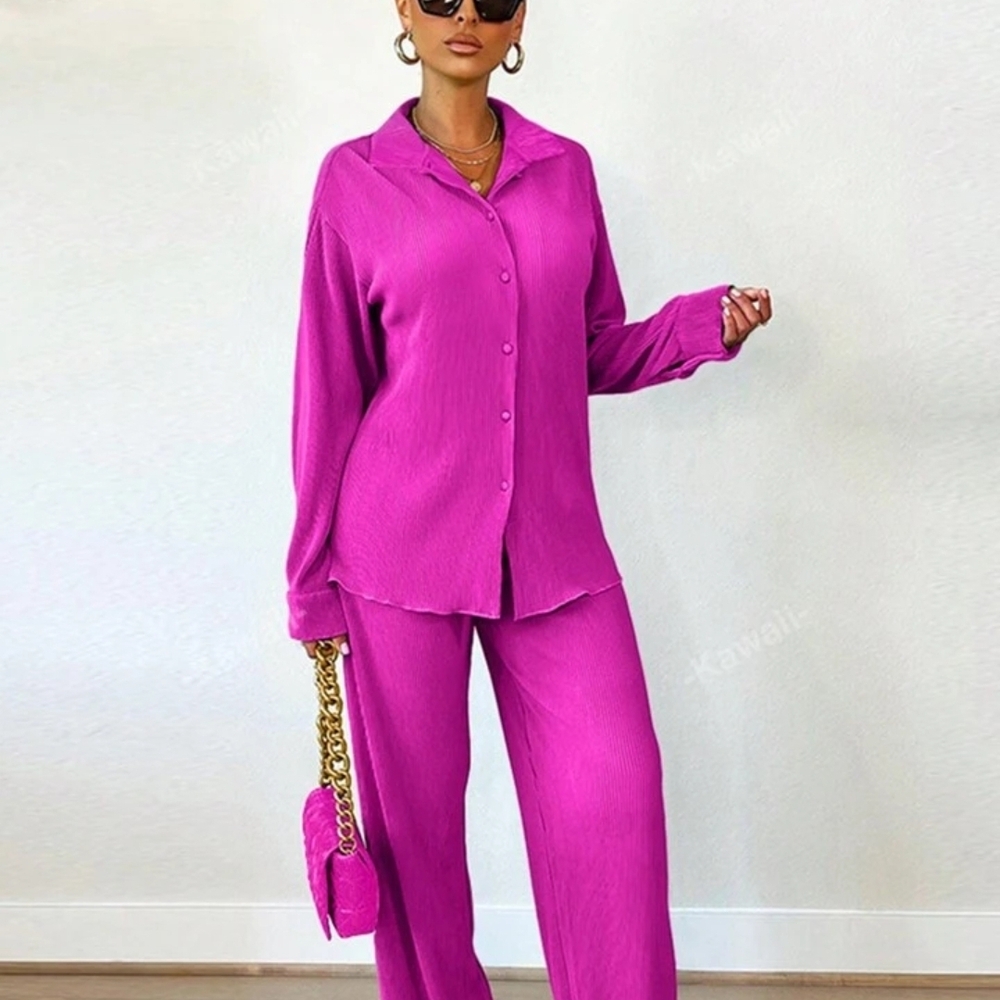 Vibrant Magenta Button-Front Shirt & Pants Set XL